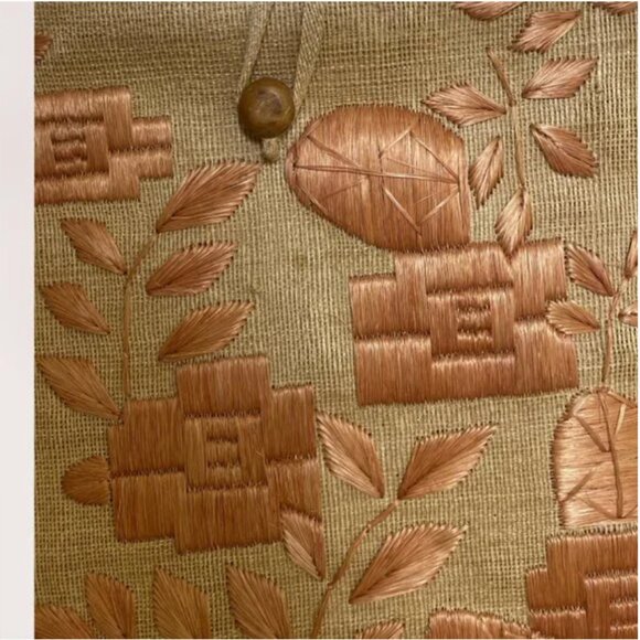 ⭐️ Embroidered Peach Boho Rattan Wicker Picnic Beach Hipster Tote Bag Purse - Picture 4 of 6